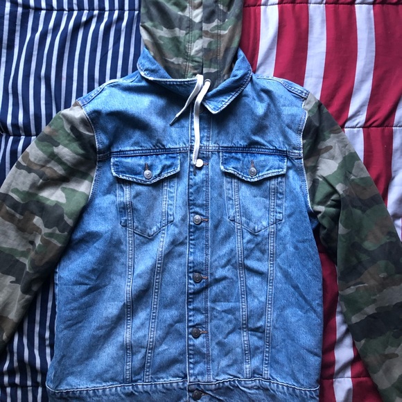 Denim Jacket With Army Fatigue Hoodie 
